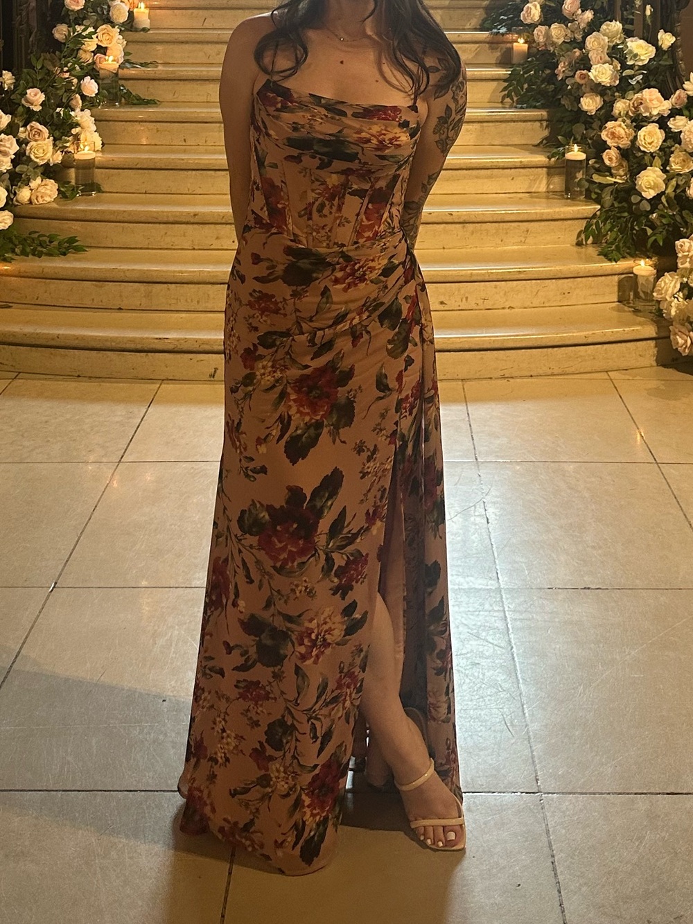 Floral Slip Maxi Dress in Beige with Side Slit - Picture 4 of 6